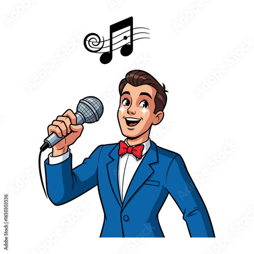 Singing Serenade: A vibrant illustration portrays a dapper gentleman, microphone in hand, serenading with a melody notes floating in the air, all set against a plain backdrop.