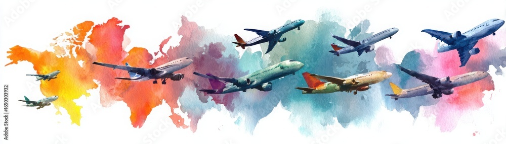 Fototapeta premium A vibrant watercolor illustration featuring various airplanes flying across a colorful backdrop.