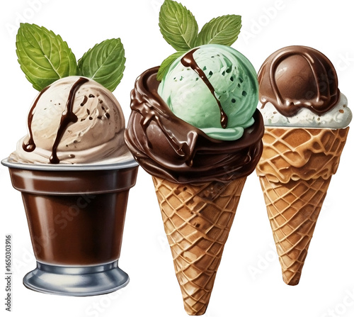 Wallpaper Mural mint chocolate and chocolate ice-cream in waffle cone and chocolate cup Torontodigital.ca