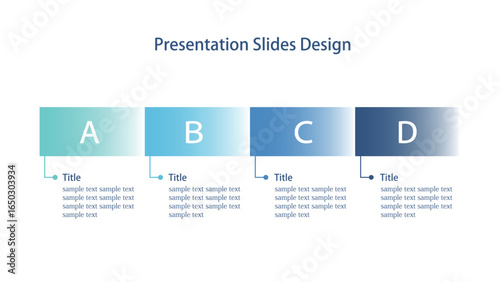 流れを示す4つの要素のインフォグラフィックス 16:9のプレゼンスライド資料のベクターのテンプレート