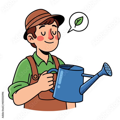 The Gardener's Reverie: A serene figure in a brown cap and green shirt holds a watering can, a thought bubble above it picturing a single green leaf.