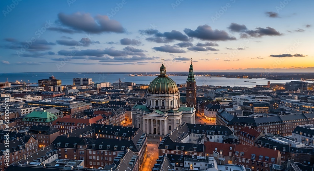Fototapeta premium Copenhagen cityscape showcasing the majestic Marble Church at dusk blending history and urban beauty