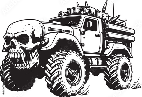 Black and white illustration of a monstrous off-road truck with a skull front monster truck vehicle