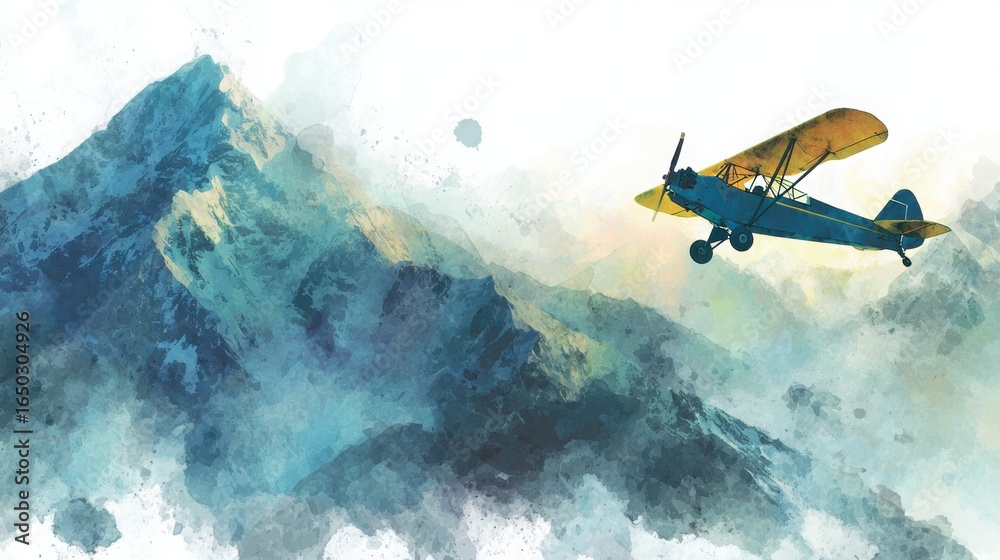 Obraz premium A vibrant watercolor painting of a blue airplane soaring above majestic mountains, capturing the beauty of flight and nature.