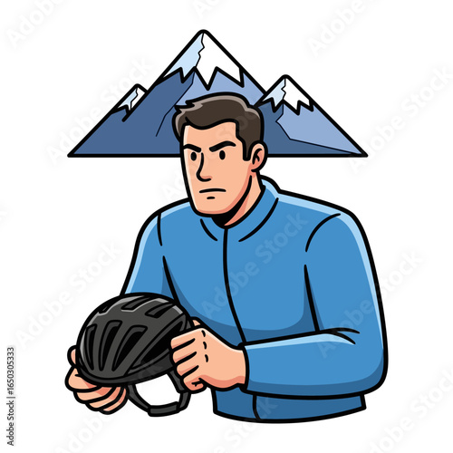 Man with Helmet and Mountain in mind: An adventurer, poised at the threshold of a challenging journey, contemplates the rugged terrain ahead. Armed with determination.