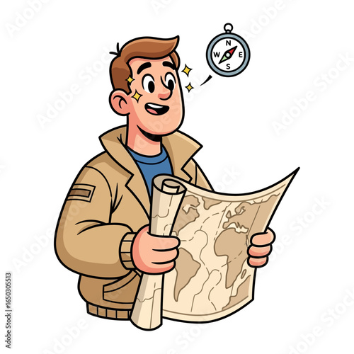 Adventurer with Compass: A young adventurer maps out his route. With a compass, the explorer embarks on a journey.