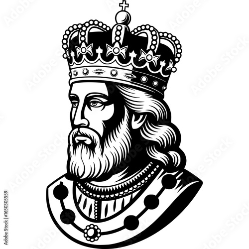 Royal Portrait: A regal black and white illustration of a king, adorned with a detailed crown and a dignified expression, embodying royalty, power, and timelessness.