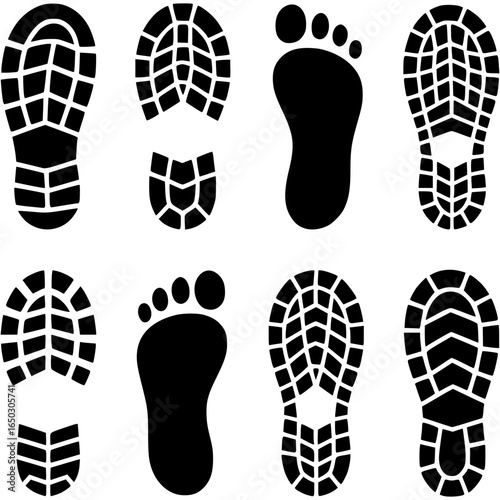 Footprints: A set of various detailed footprints in a bold, minimalist style. Reflecting the traces of movement and journey, they symbolize the paths we traverse and the stories we create.