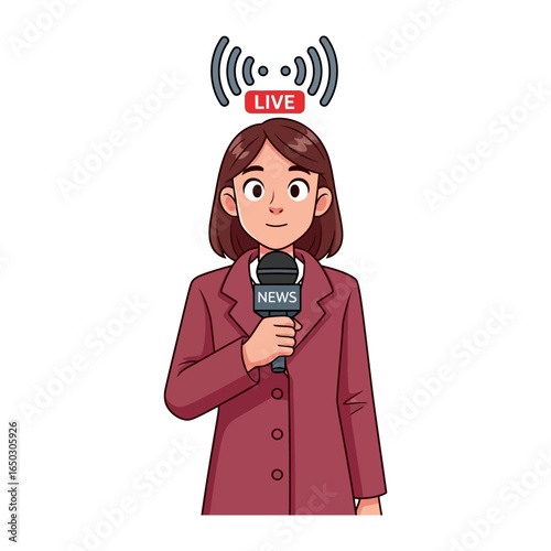 Broadcast journalist at Work: A confident broadcast journalist is on the air to inform, holding a microphone, bringing news with accuracy and dedication. She embodies the essence of live reporting.