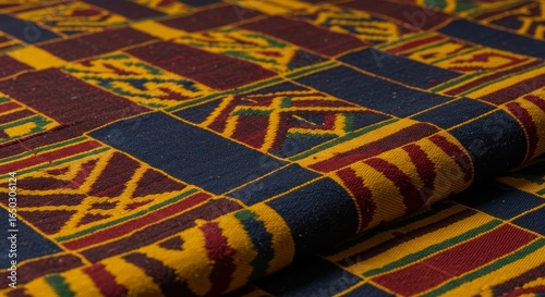 African Print Fabric Textile Design - Close-up shot of vibrant African print fabric showcasing rich colors and intricate patterns. Ideal for textile design, fashion, and home decor