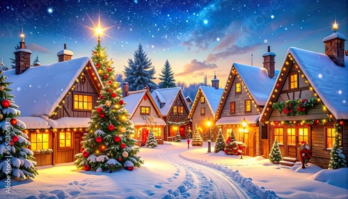 Festive Village Scene with Christmas Decorations in a Snowy Environment at Dusk