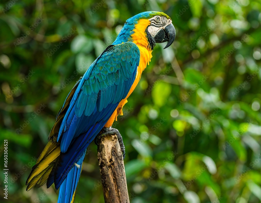 Fototapeta premium A vibrant blue and gold macaw perches on a branch, set against a blurred green foliage background