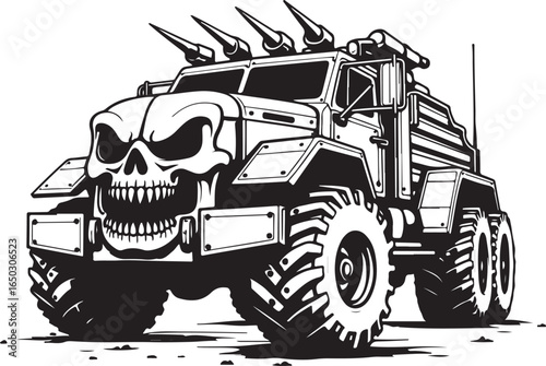 Black and white armored monster truck with skull face and spiked roof vehicle off road