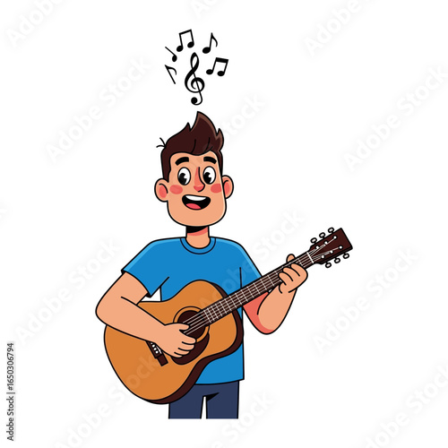 Musical Melody: A young man with a smiling face and musical notes above his head.  playing the guitar. The scene evokes creativity, self-expression, and the joy of music.