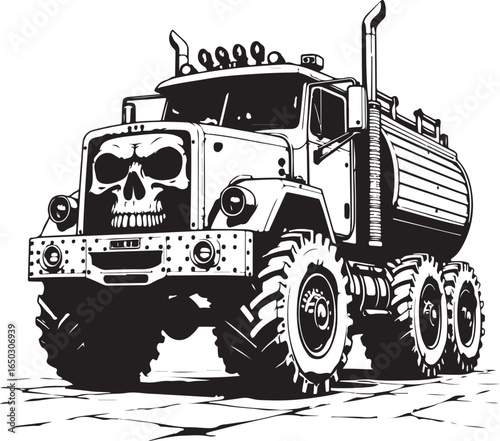 Black and white illustration of a monster truck with a skull grill and a tank on the back vehicle
