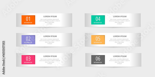 Six colorful, numbered infographic elements with text placeholders.