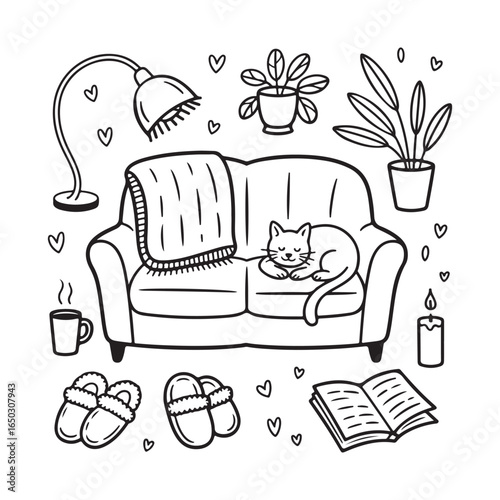 Black and White Line Drawing of a Cat on a Couch with a Blanket Plants Slippers and Other Items