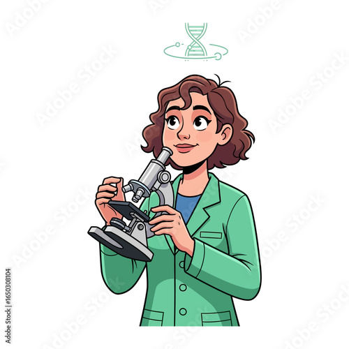 Scientific Contemplation: A woman scientist, deep in thought, peers through a microscope, a symbol of DNA floating above. A moment of scientific curiosity