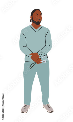 Flat vector illustration of an African American male doctor in medical scrubs with stethoscope, standing full length, healthcare professional isolated on transparent background