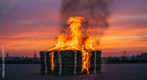 Burning Money at Sunset - A stack of money engulfed in flames against a vibrant sunset backdrop. Symbol of loss, waste, or destruction of wealth