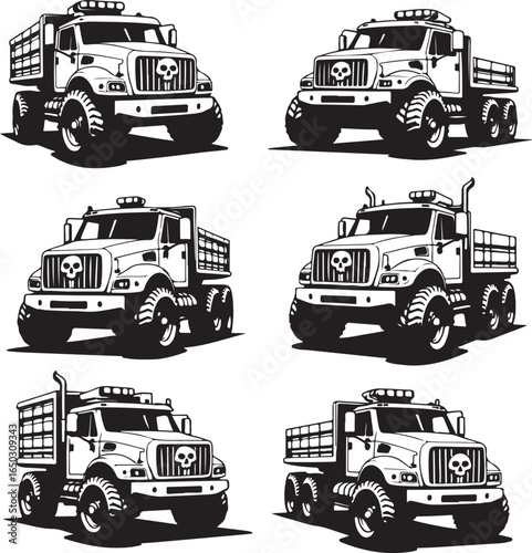 Six Vector Illustrations of Monster Trucks with Skull Grilles on White Background off road vehicle