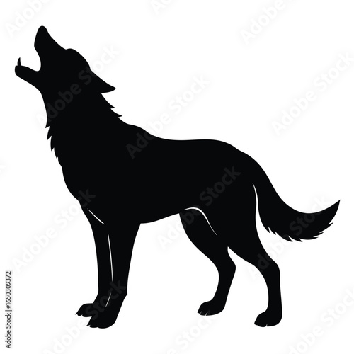 Silhouette of a dog howling at the moon on a white background