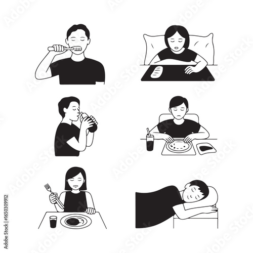 A Man s Day in Black and White Eating Sleeping and Brushing