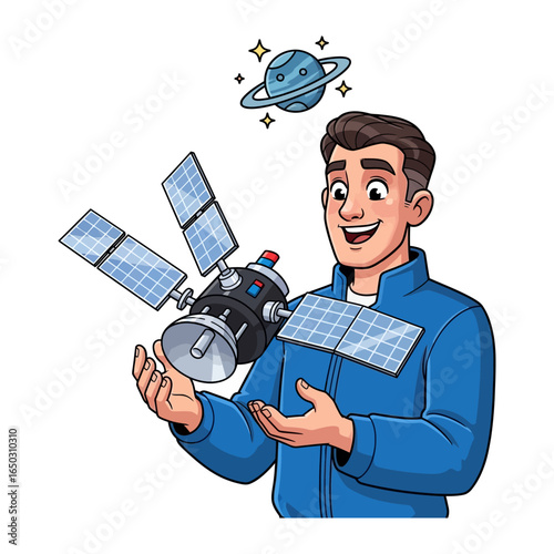 Cosmic Explorer: A visionary illustration depicts a smiling individual, showcasing a model satellite while envisioning a planet, symbolizing space exploration, technological innovation.