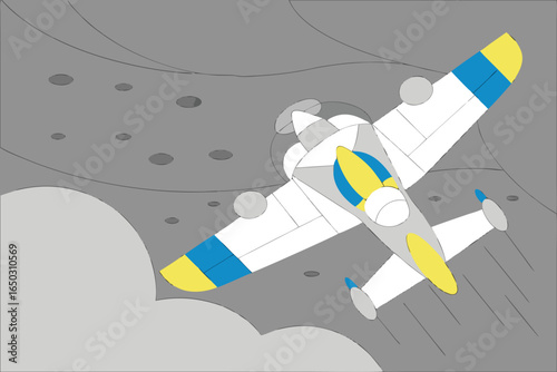 Cartoon Airplane Flying Through Clouds and Pockmarked Sky aircraft hand drawn set of