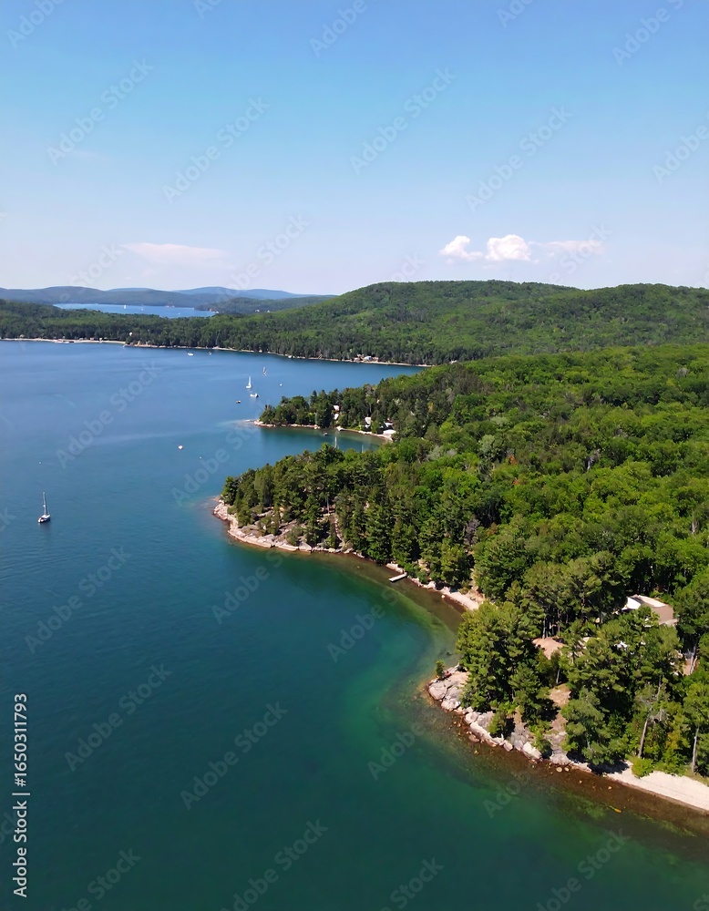 Fototapeta premium Aerial view of a tranquil bay, lush green hillsides meeting clear, teal water, dotted with sailboats