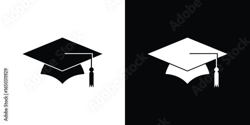 Inverted Monochrome Academic Graduation Cap Icon Black Mortarboard on White and White on Black