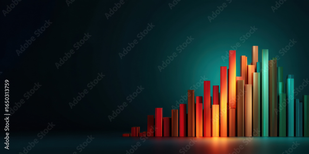 Fototapeta premium An abstract representation of colorful vertical bars rising against a dark background, symbolizing growth, data, or performance metrics.