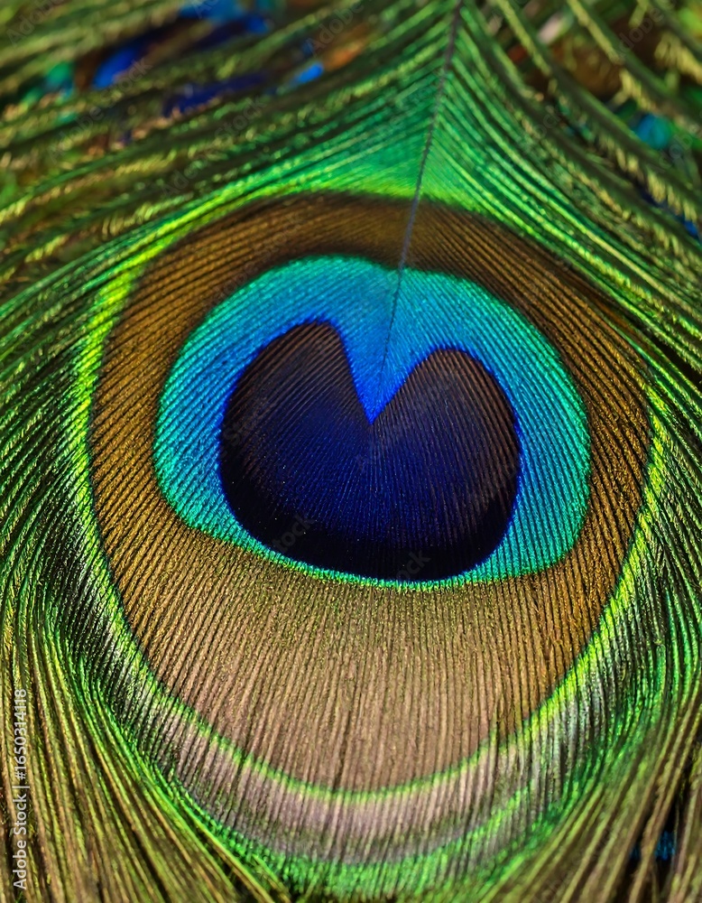 Naklejka premium Close-up of a vibrant peacock feather, showcasing its intricate eye pattern and iridescent colors
