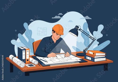 Architectural designer working on blueprints at desk with desk lamp