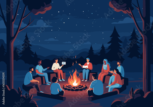 Friends gather around a bright campfire sharing stories under a starry night sky