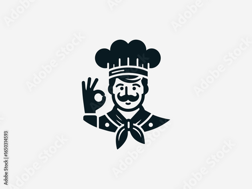 A hand-drawn illustration of a happy chef with a mustache giving a hand gesture on a white background