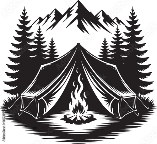 Tent camping adventure with campfire and mountains