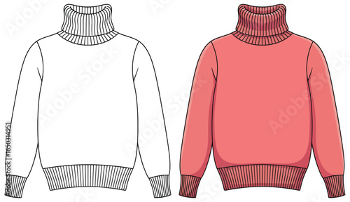 Turtleneck sweater vector illustration showing a clean black and white outline beside a colored coral red version for winter fashion design