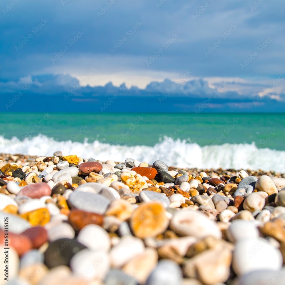 Colorful pebbles on a beach with ocean waves Colorful pebbles on a beach with ocean waves