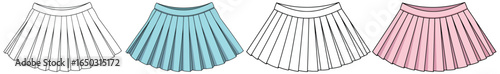 Pleated skirt vector illustration featuring side by side black and white outline and fully colored version in flat cartoon style for kids design projects