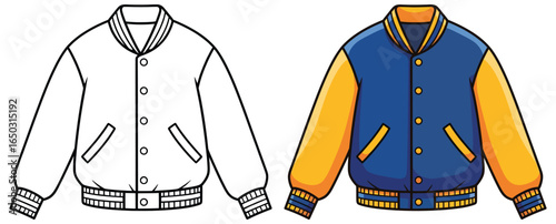 Varsity jacket vector illustration featuring side by side black and white outline and fully colored version in flat cartoon style for kids design projects