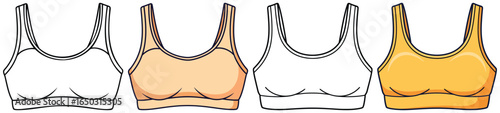 Sports bra vector illustration featuring side by side black and white outline and fully colored version in flat cartoon style for kids design projects