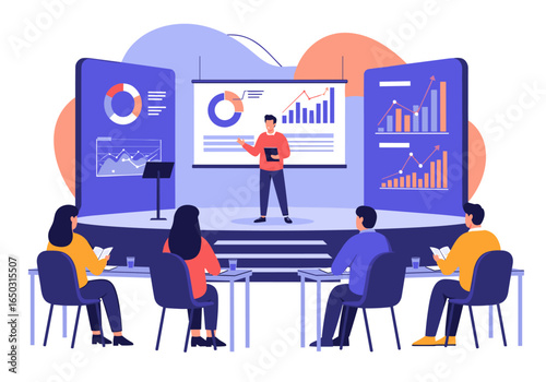Business presentation meeting analyzing financial growth with audience engaged