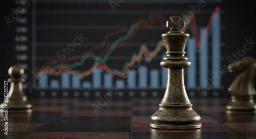 King Piece Strategy Graph Background Chessboard - Strategic planning, market growth, leadership, competitive advantage, and financial success are symbolized by a chess king on a graph background