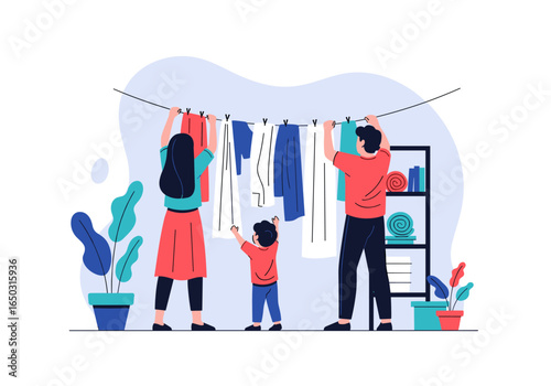 Family hanging clothes on a washing line outdoors enjoying the day
