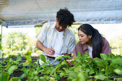 Male and female students checking vegetable growth and taking notes, symbolizing education and learning.