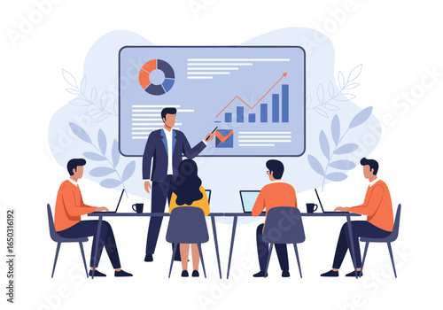 Business team meeting discussing financial performance and strategic planning for growth