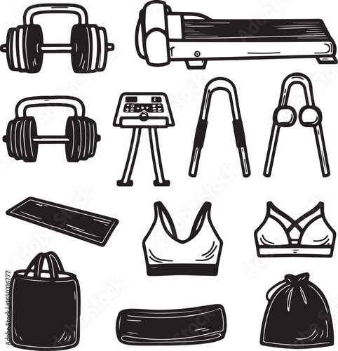 Hand drawn gym equipment and apparel on white background dumbbells kettlebell