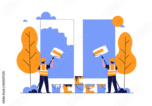 Two construction workers painting a large building exterior with blue and white colors