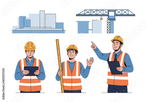 Construction workers supervising building projects with tools and blueprints